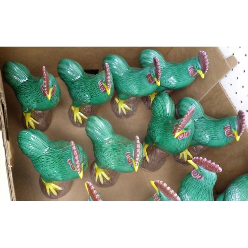 36 - A group of green pottery chickens