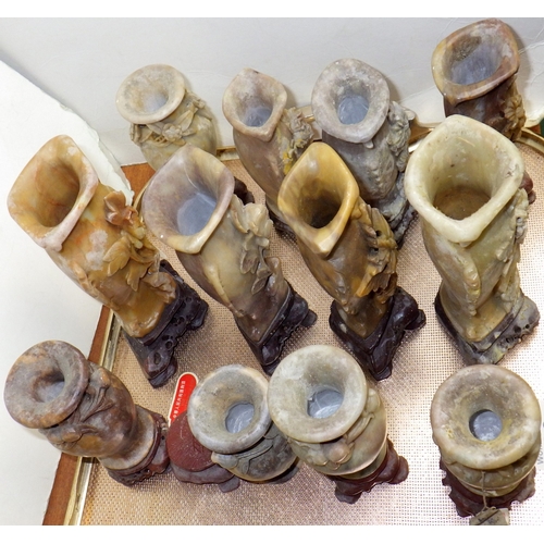 66 - A qty of carved soapstone spill vases
