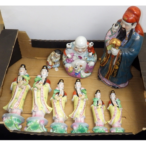 110 - Three pairs of Quan Yin figures, Buddha etc