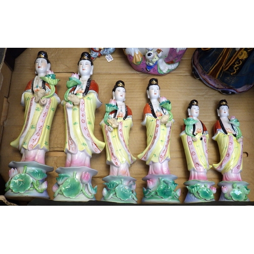 110 - Three pairs of Quan Yin figures, Buddha etc