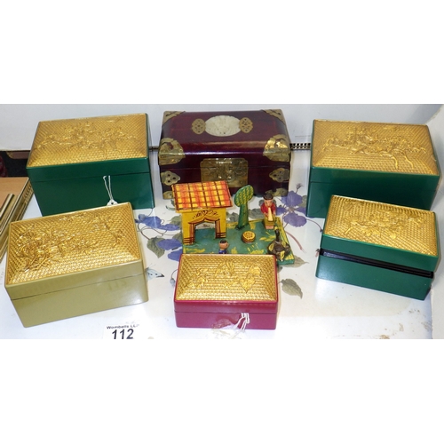 112 - A group of lacquered boxes etc