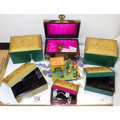 112 - A group of lacquered boxes etc