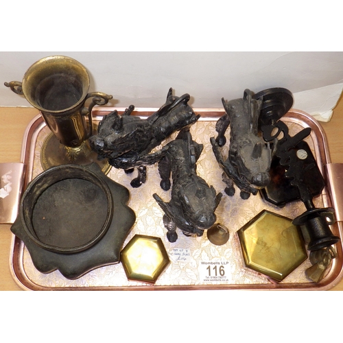 116 - Three cast metal figures, heavy metal bowl etc