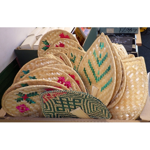 118 - A group of lanterns, lacquered plaques, wicker fans etc (qty)