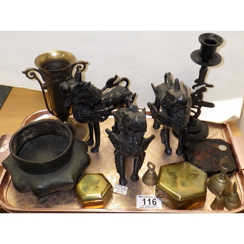 116 - Three cast metal figures, heavy metal bowl etc
