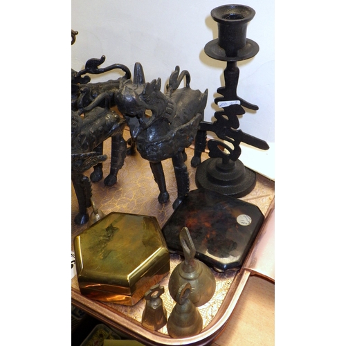 116 - Three cast metal figures, heavy metal bowl etc