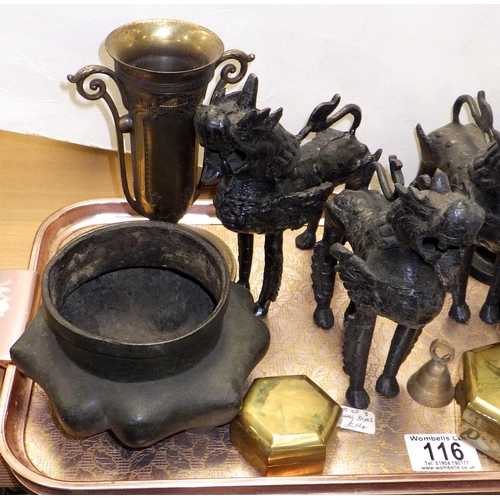 116 - Three cast metal figures, heavy metal bowl etc