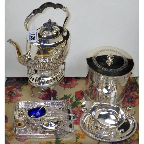 126 - A qty of good quality silver plated wares to inc Walker & Hall spirit kettle etc (2)