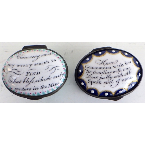 A Georgian patch box bearing the motto "Vain very vain - my weary search to - Find - That bliss which only - centres in the Mind", 43 x 33mm; a Georgian pill box "Have - Communion with few - Be familiar with one - Deal justly with all - Speak evil of none.".