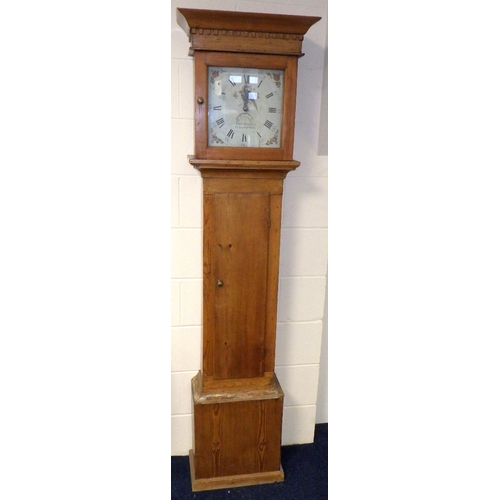 19thC pine painted face 30hr Longcase clock, weight and pendulum present