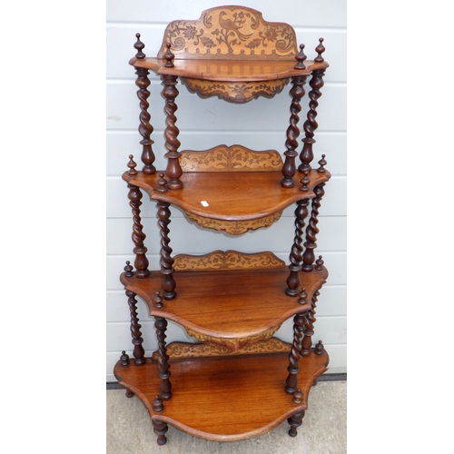 A Victorian rosewood & inlaid four tier whatnot with barleytwist columns, 118cm tall, bottom tier missing fretwork