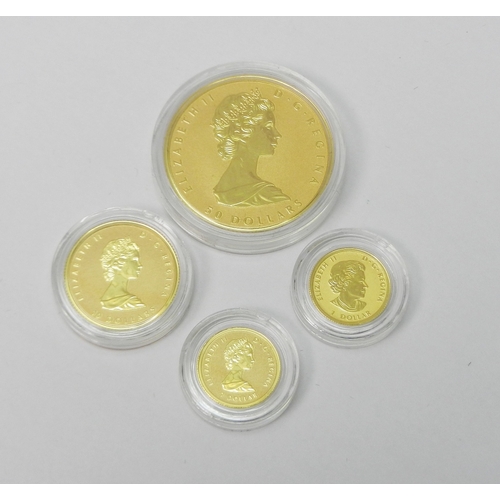 A Elizabeth II mixed year Canadian Maple Leaf Fractional four coin grouping comprising 2019 1oz, 2019 1/4oz, 2019 1/20oz and 2018 1/20oz coins.  The four coins presented in wooden maple leaf fitted case.  .999 gold / 43.5g total