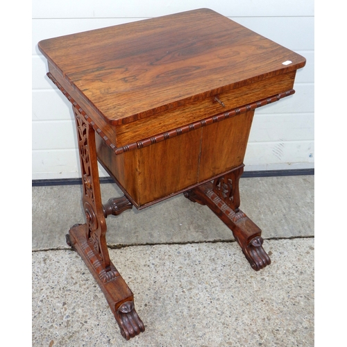 A William IV rosewood sewing table, very slight warp to top 51cm wide
