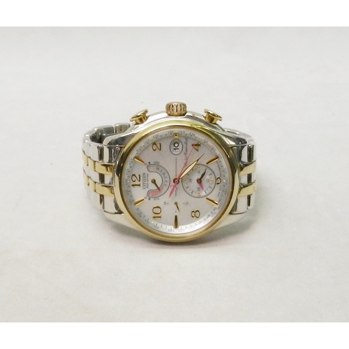 A Citizen Eco-Drive Radio Controlled Chronograph bracelet watch GN-4W-S-12G, having a mother of pearl dial in a steel case with gold plated accents.  40mm across the case.  Boxed with papers and spare links