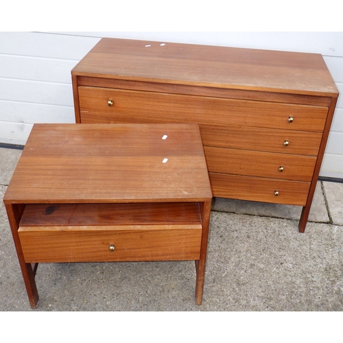 A teak chest of drawers, 99cm wide and matching bedside table with ring handles, marks (2)