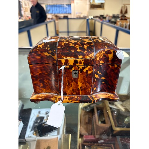 A Victorian tortoise shell tea caddy 19cm wide, af