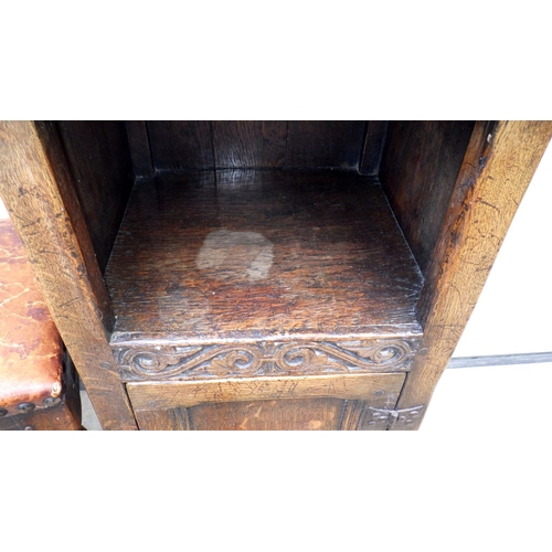 633 - An oak bedside cabinet, top loose, together with a stool, top a/f and a small rustic stool (3)