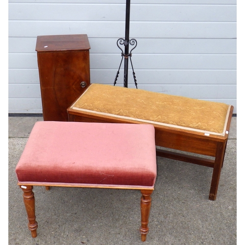 636 - A duet stool, wrought iron lamp standard, mahogany bedside cabinet and another stool (4)