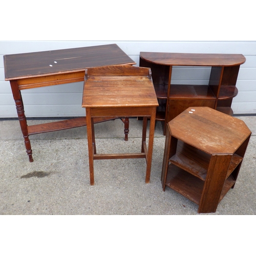 639 - A side table, low bookshelf, occasional table and a child's desk (4)