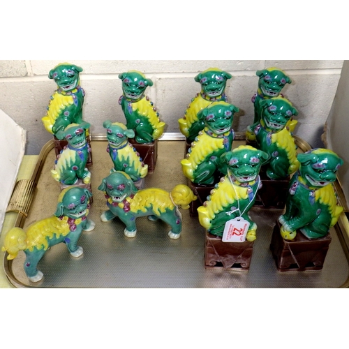 22 - Six pairs of green Foo Dogs, 10-20cm tall