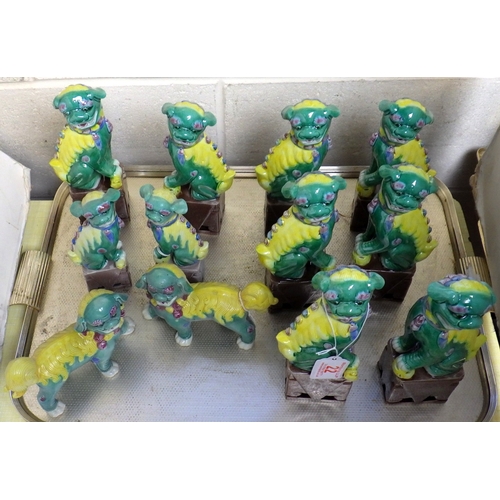 22 - Six pairs of green Foo Dogs, 10-20cm tall