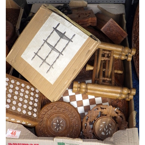 46 - A qty of carved hardwood boxes, lidded jars, folding table etc
