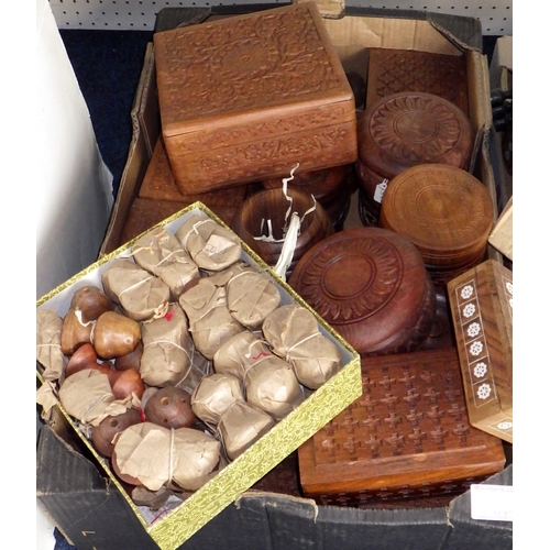 46 - A qty of carved hardwood boxes, lidded jars, folding table etc