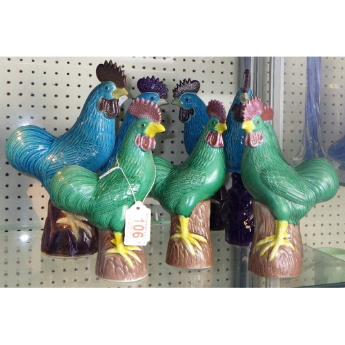 106 - Four pairs of turquoise & green cockerels, 20-26cm tall (8)