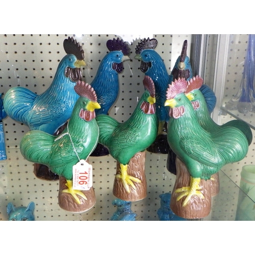 106 - Four pairs of turquoise & green cockerels, 20-26cm tall (8)