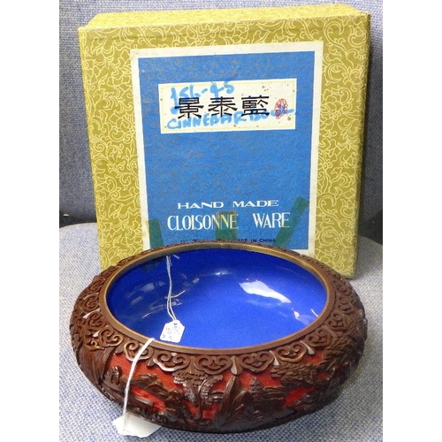 116 - A Chinese Red Cinnabar bowl with blue enamel interior