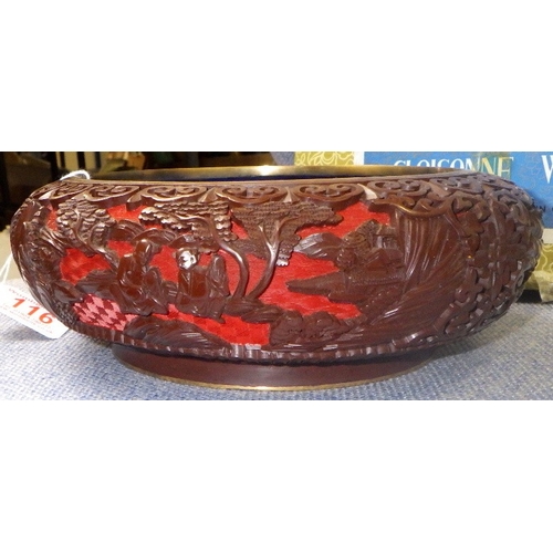116 - A Chinese Red Cinnabar bowl with blue enamel interior