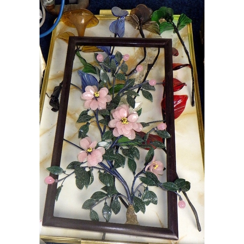 65 - A qty of glass flowers and a framed bouquet