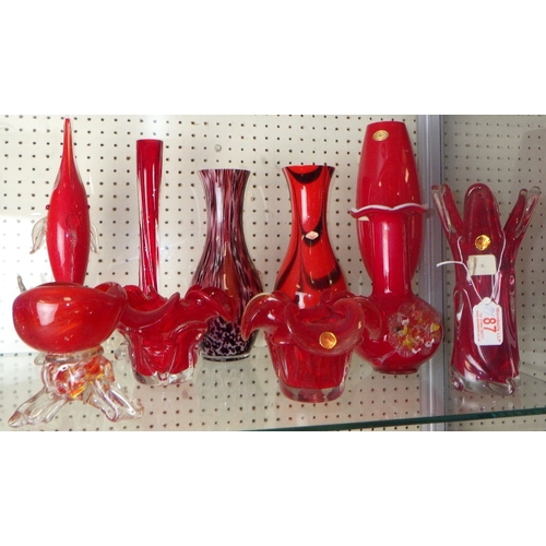 87 - A group of misc Oriental red glass vases etc