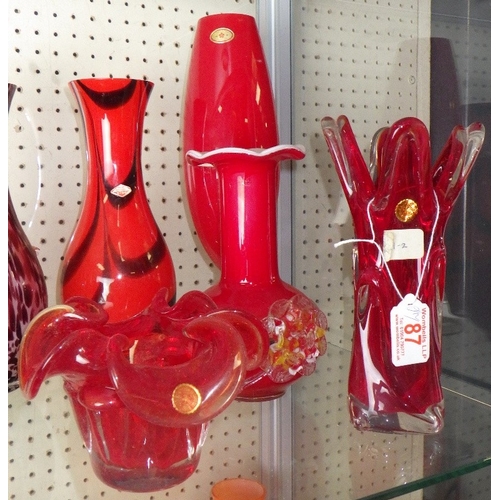 87 - A group of misc Oriental red glass vases etc