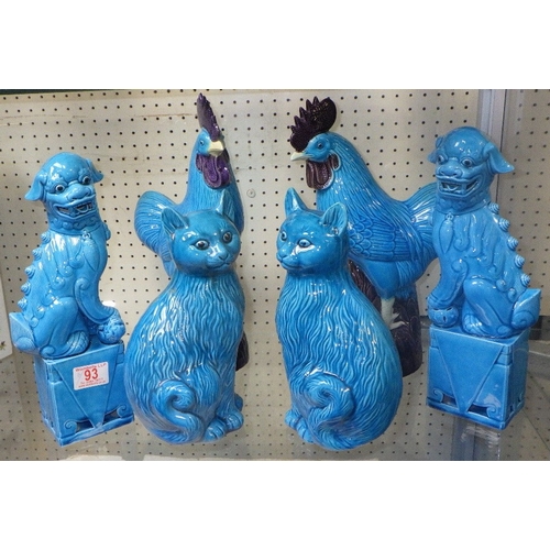 93 - A pair of Foo Dogs, 30cm tall, together with a pair of cats and a pair of cockerels (6)