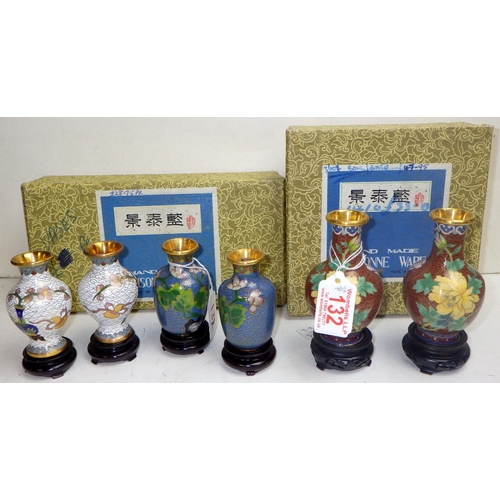 132 - Three pairs of miniature cloisonné vases, 8-12cm tall