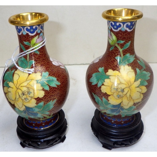 132 - Three pairs of miniature cloisonné vases, 8-12cm tall