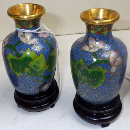 132 - Three pairs of miniature cloisonné vases, 8-12cm tall