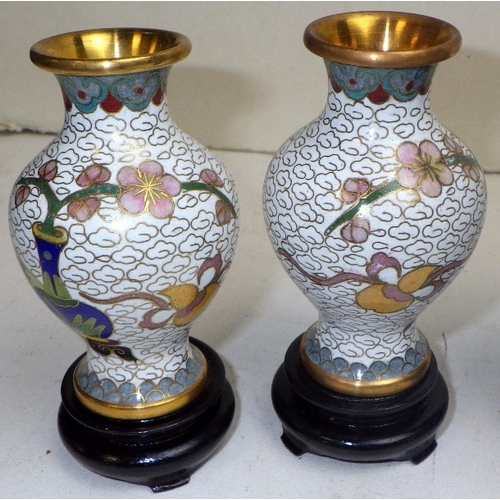 132 - Three pairs of miniature cloisonné vases, 8-12cm tall