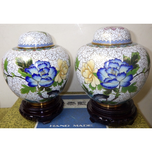 133 - Two pairs of cloisonné floral ginger jars with blue enamel interior, 20 & 12cm tall
