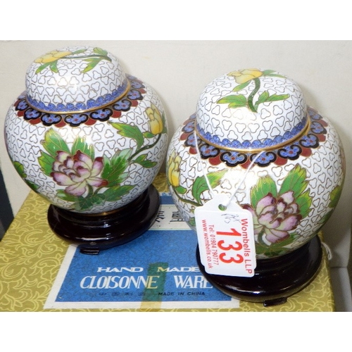 133 - Two pairs of cloisonné floral ginger jars with blue enamel interior, 20 & 12cm tall