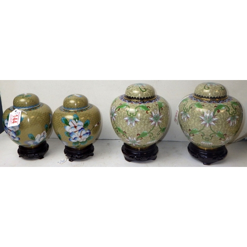 144 - Two pairs of floral cloisonné ginger jars, 19 & 16cm tall