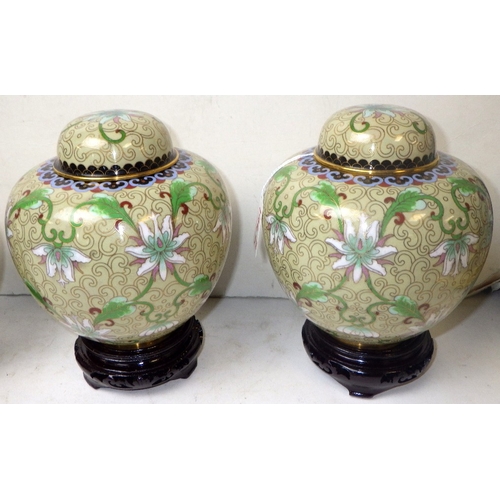 144 - Two pairs of floral cloisonné ginger jars, 19 & 16cm tall