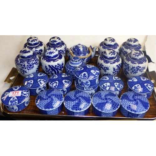 171 - A large group of Chinese Blue & White ginger jars, lidded trinket boxes etc