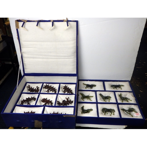 183 - A circa 1960s Chinese jade set of carved horses on wooden stands