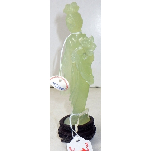 186 - Two circa 1960s / 1970s Chinese jade carved female figures on wooden stands (2)