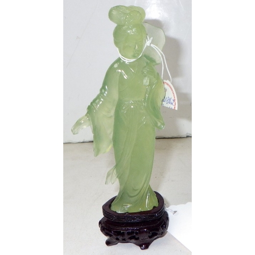 202 - A circa 1960s / 1970s Chinese jade carved figure of a woman on a wooden stand