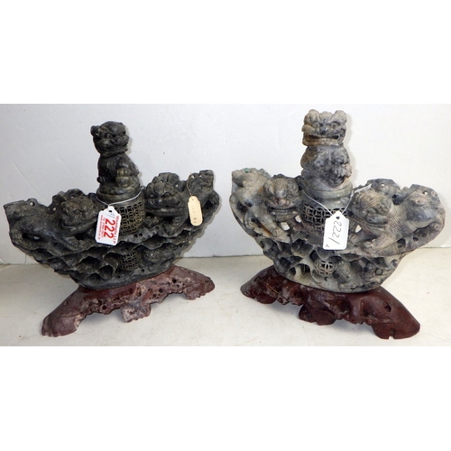 222 - Two Oriental carved and polished stone incense burners (2)