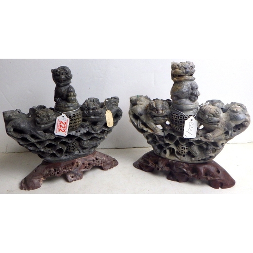 222 - Two Oriental carved and polished stone incense burners (2)