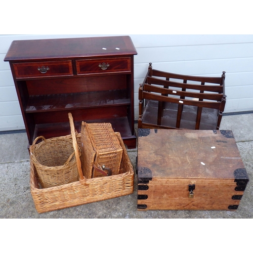 674 - A reproduction mahogany low bookcase, Canterbury, tuck box and baskets